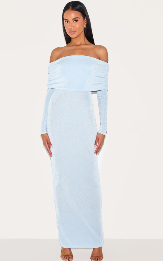Fernando Light Blue Acetate Slinky Bardot Long Sleeve Dress