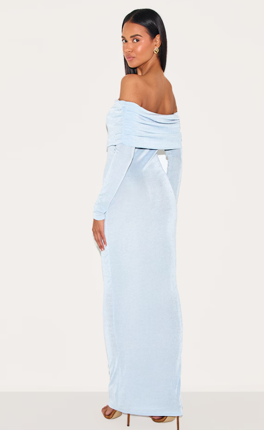 Fernando Light Blue Acetate Slinky Bardot Long Sleeve Dress